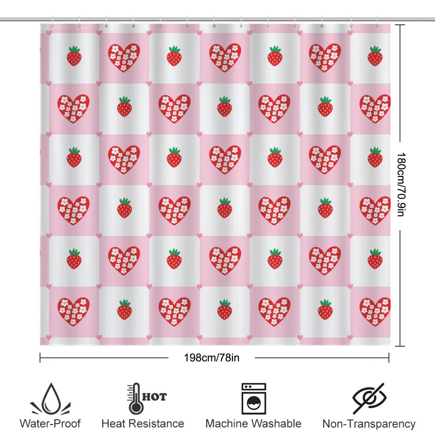 Strawberry Shower Curtain, Pink Check Bathroom Curtain, Coquette Heart Bath Decor