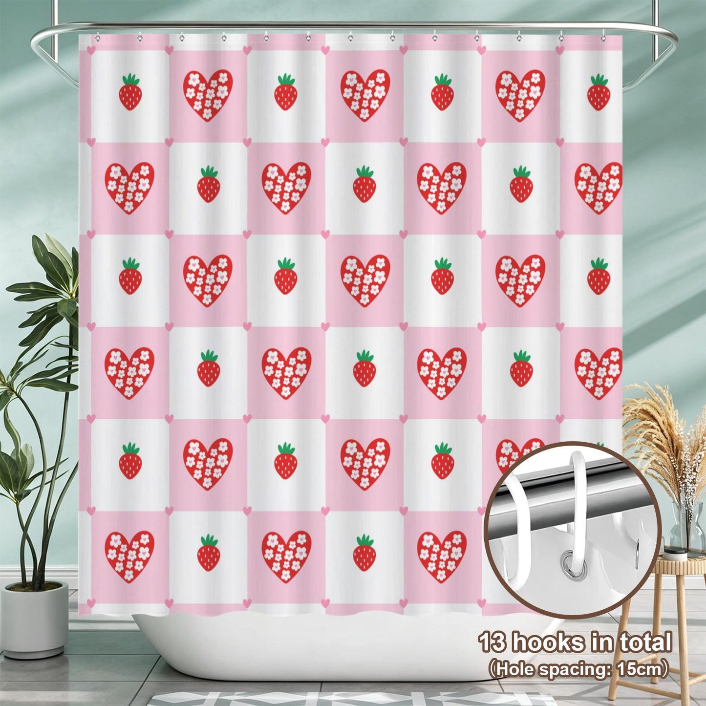 Strawberry Shower Curtain, Pink Check Bathroom Curtain, Coquette Heart Bath Decor