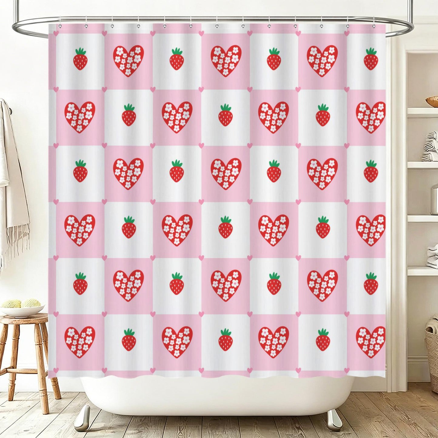 Strawberry Shower Curtain, Pink Check Bathroom Curtain, Coquette Heart Bath Decor