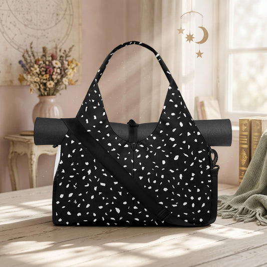 Black Terrazzo Hobo Bag, Minimalist Slouch Shoulder Purse, Modern Canvas Handbag