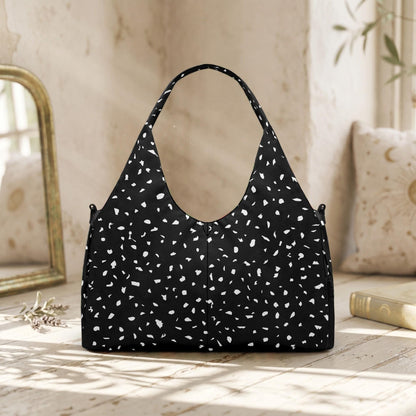 Black Terrazzo Hobo Bag, Minimalist Slouch Shoulder Purse, Modern Canvas Handbag
