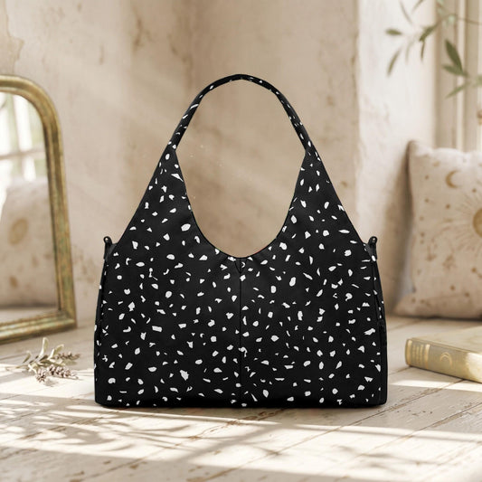 Black Terrazzo Hobo Bag, Minimalist Slouch Shoulder Purse, Modern Canvas Handbag