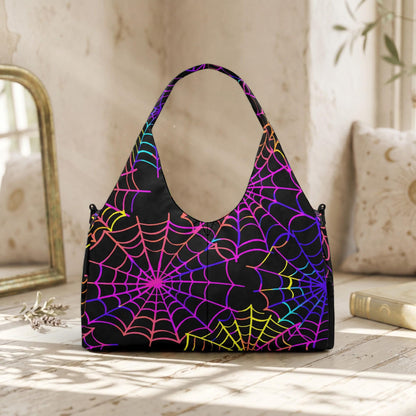 Neon Rainbow Spiderweb Hobo Bag, Gothic Halloween Shoulder Handbag, Spooky Season Tote