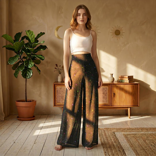 Celestial Star Wide Leg Pants, High Waist Cosmic Galaxy Trousers