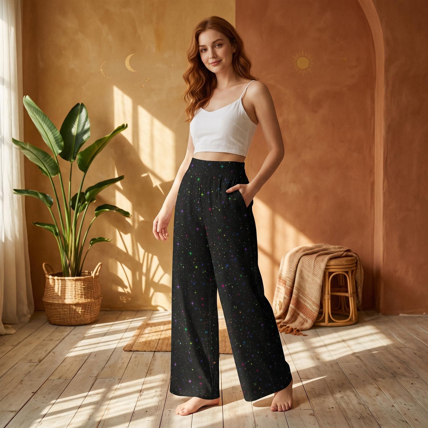 Celestial Star Wide Leg Pants, High Waist Cosmic Galaxy Trousers