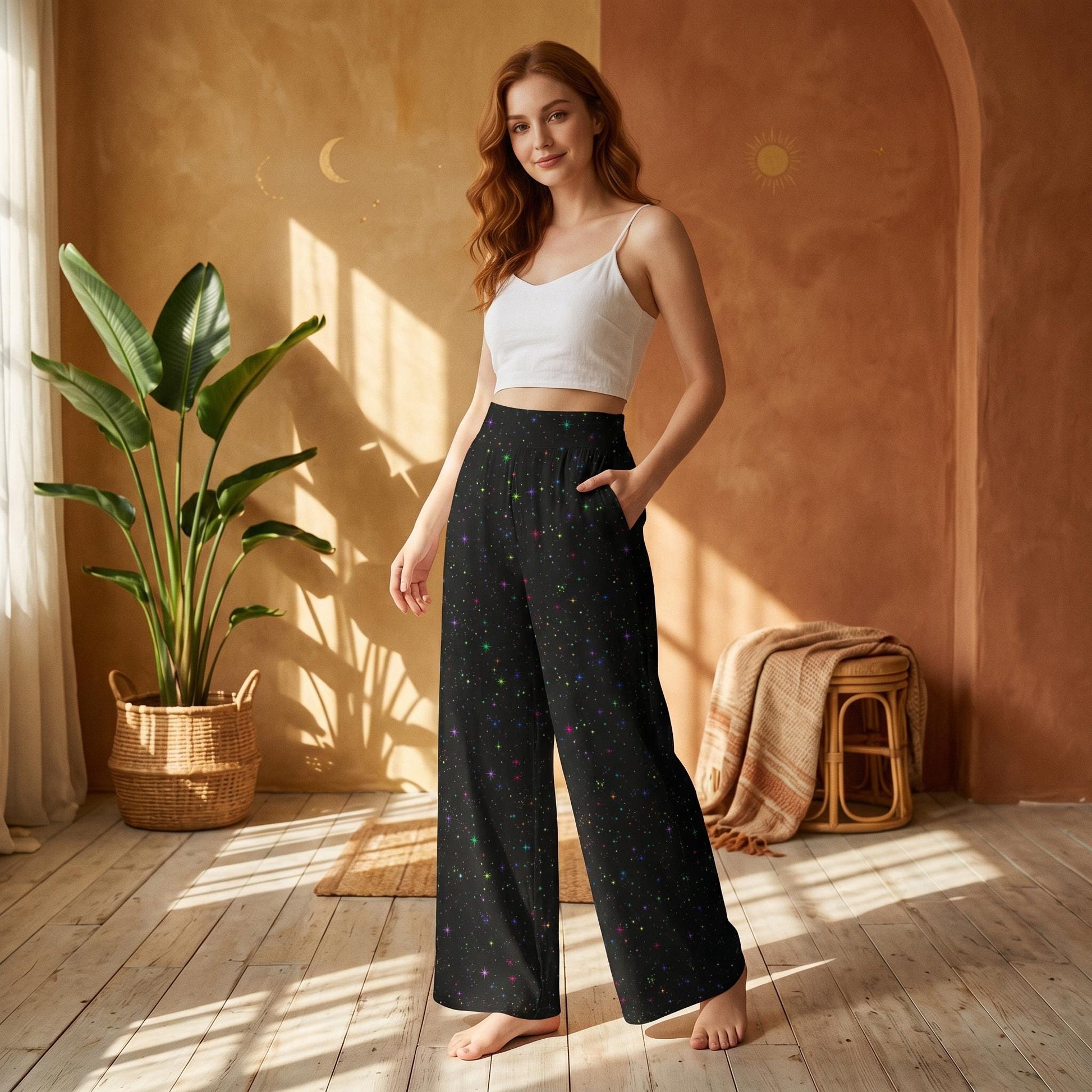 Celestial Star Wide Leg Pants, High Waist Cosmic Galaxy Trousers