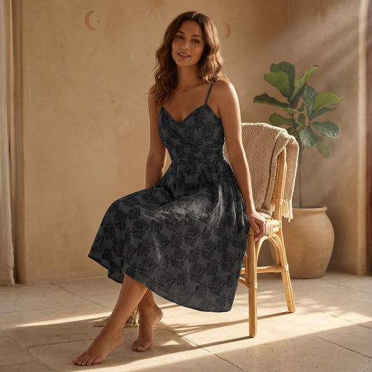 Black Rose Midi Dress, Sweetheart Neckline Floral Cocktail Dress