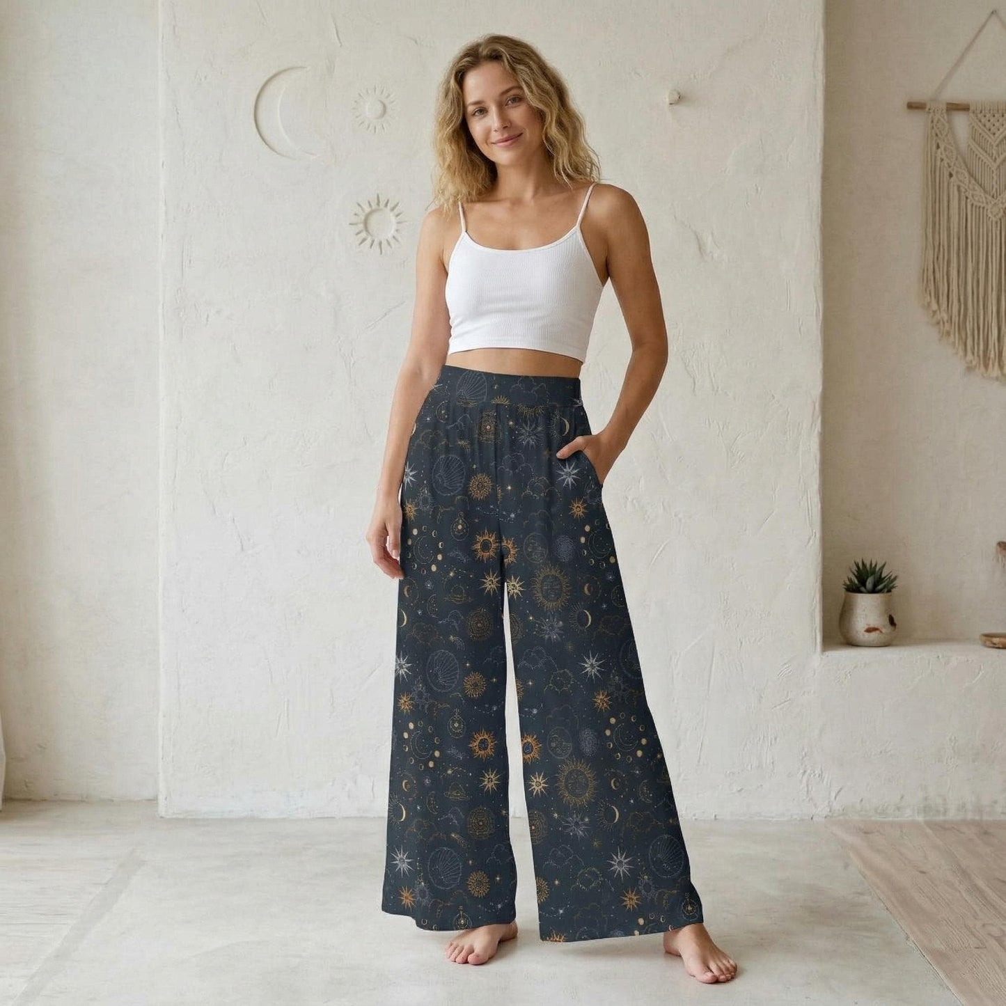 Celestial Wide Leg Lounge Pants, Astrology Moon Phase Trousers, Starry Resort Boho Bottoms