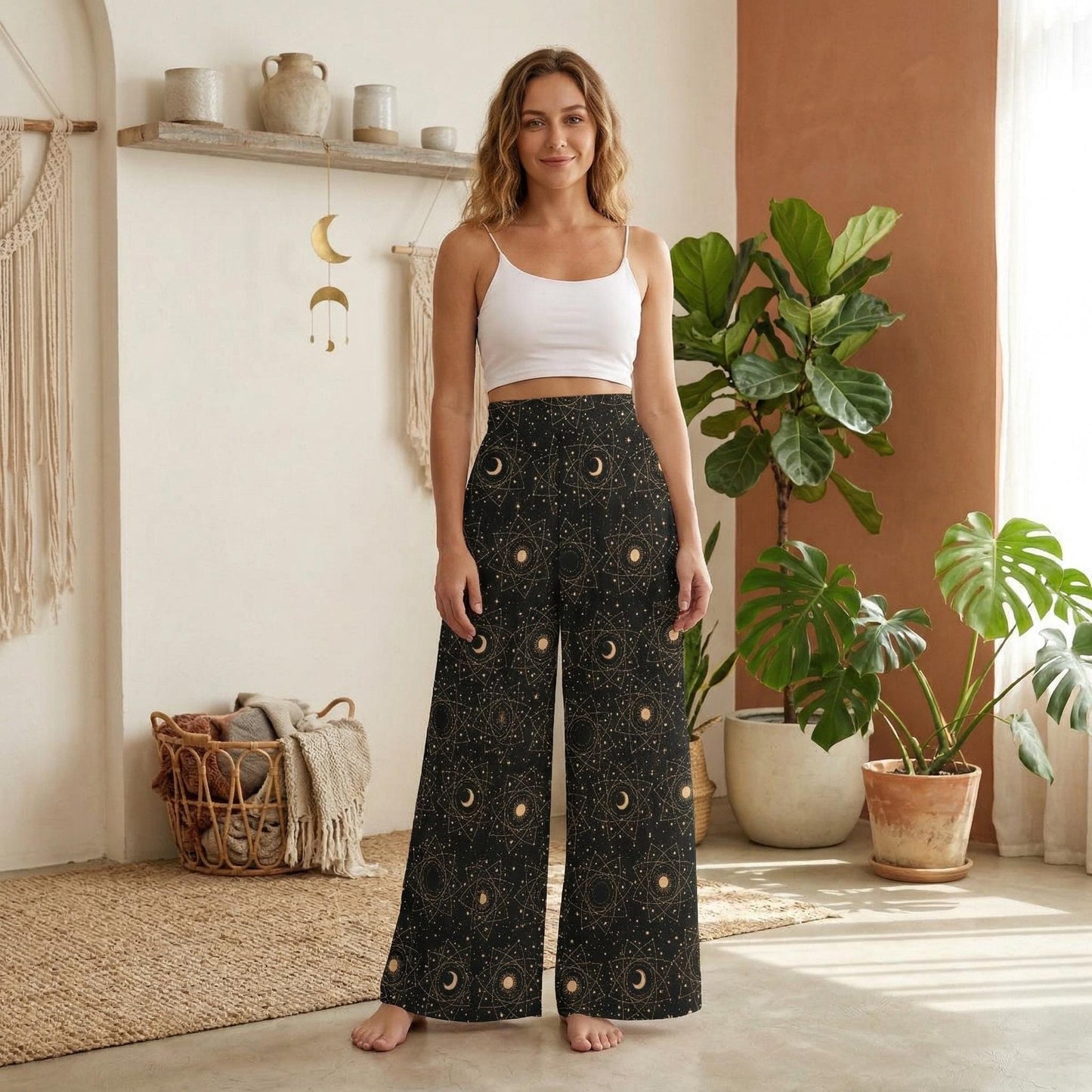 Moon Phase Palazzo Pants, Celestial Wide Leg Trousers for Astrology Outfit Lovers