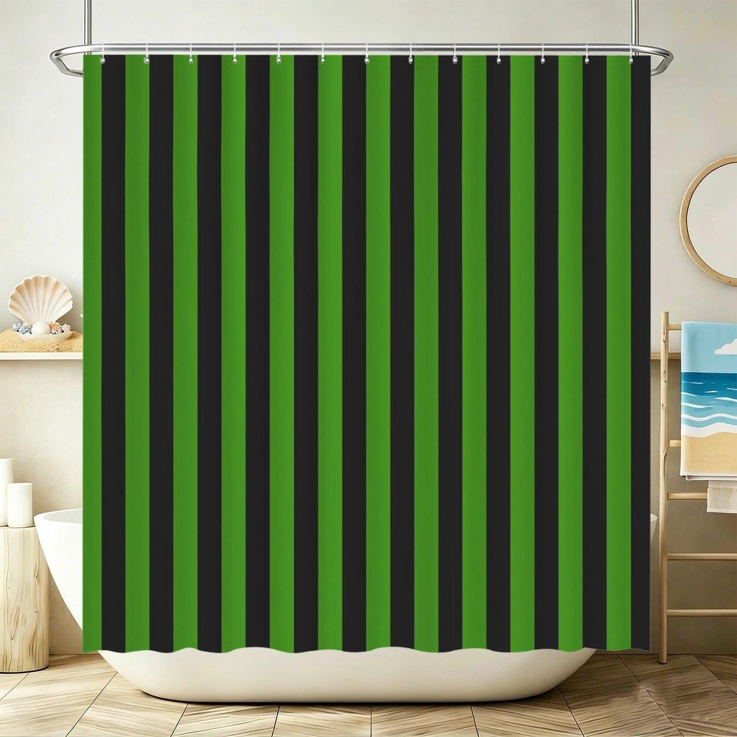 Green Black Striped Shower Curtain, Bold Vertical Stripe Bathroom Decor, Spooky Halloween Curtain