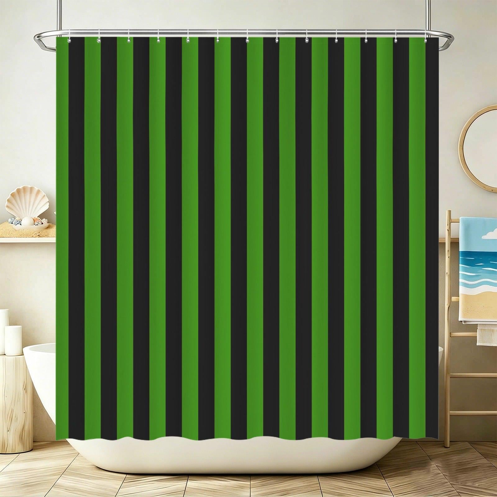 Green Black Striped Shower Curtain, Bold Vertical Stripe Bathroom Decor, Spooky Halloween Curtain