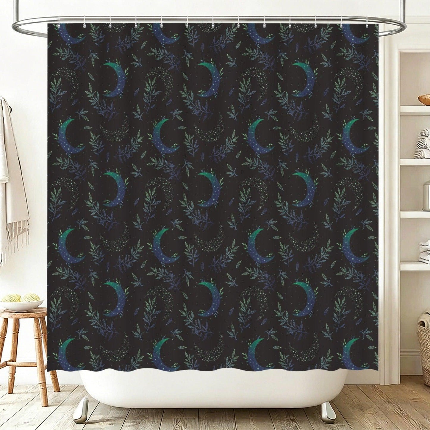 Celestial Shower Curtain, Moody Crescent Moon Botanical Bathroom Decor