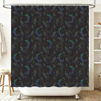 Celestial Shower Curtain, Moody Crescent Moon Botanical Bathroom Decor