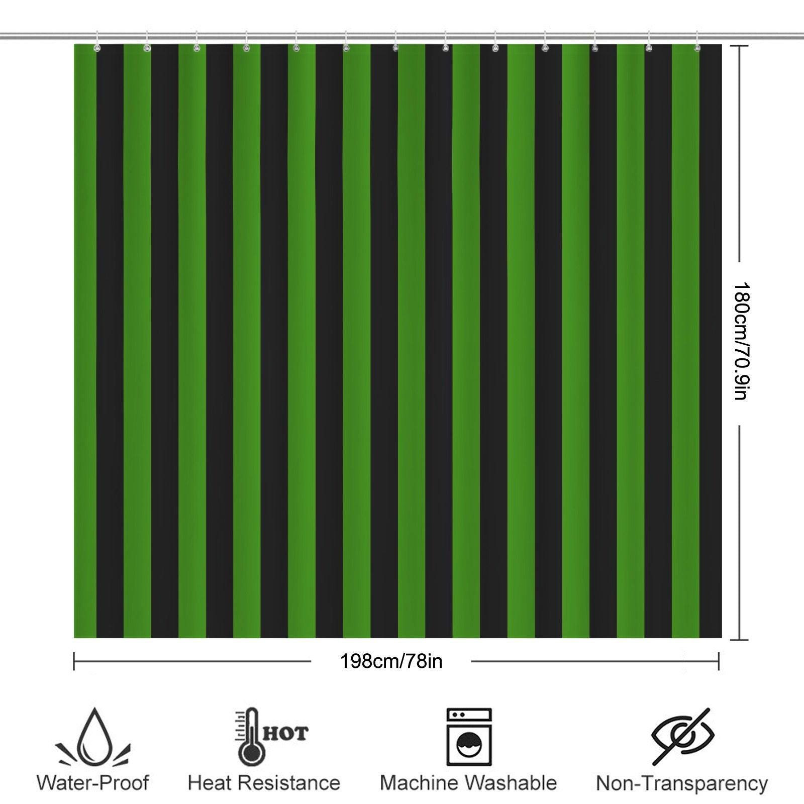 Green Black Striped Shower Curtain, Bold Vertical Stripe Bathroom Decor, Spooky Halloween Curtain