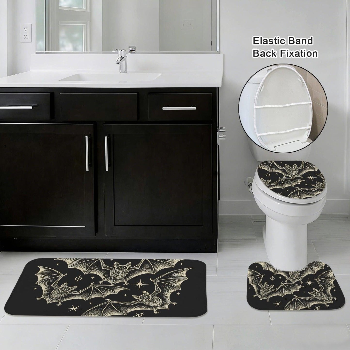 Celestial Bat Bathroom Rug Set, Gothic Halloween 3-Piece Bath Mat