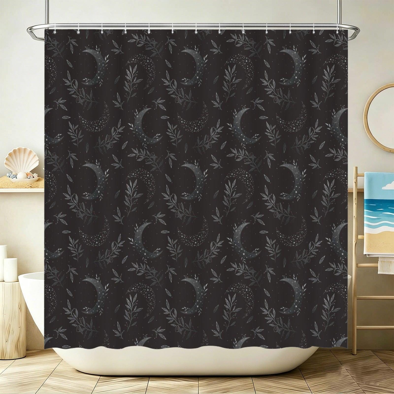 Celestial Shower Curtain, Crescent Moon Botanical Print, Dark Boho Bathroom Decor