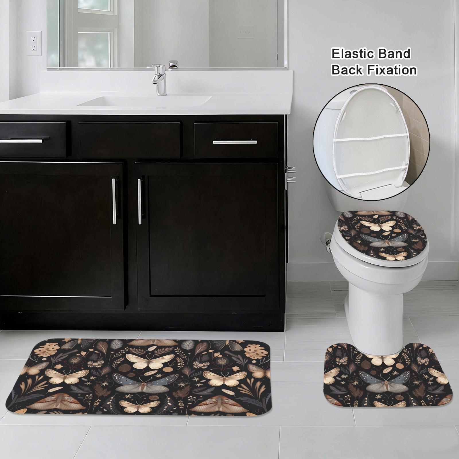 Moth Butterfly Bathroom Rug Set, Dark Cottagecore Toilet Cover, Gothic Nature Bath Decor