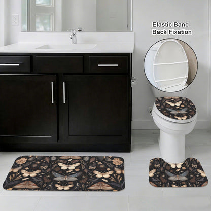 Moth Butterfly Bathroom Rug Set, Dark Cottagecore Toilet Cover, Gothic Nature Bath Decor