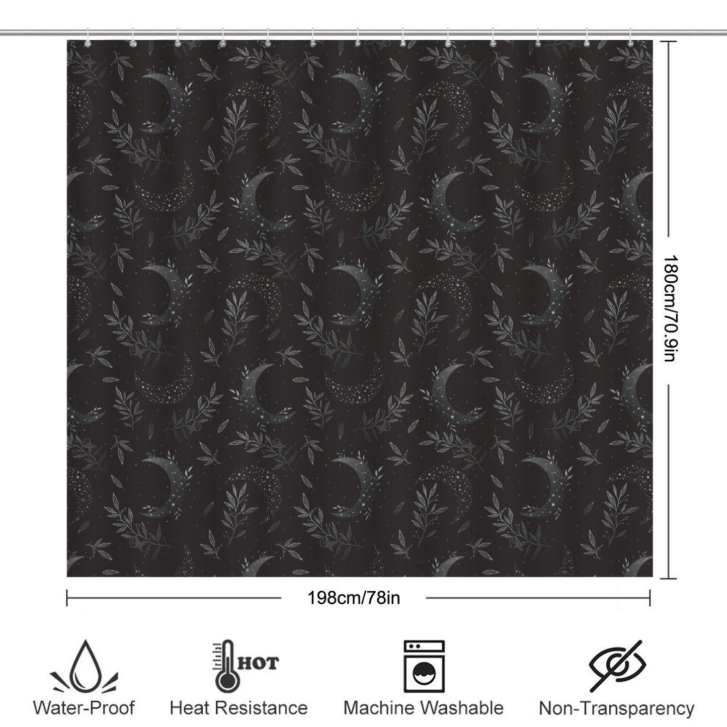 Celestial Shower Curtain, Crescent Moon Botanical Print, Dark Boho Bathroom Decor