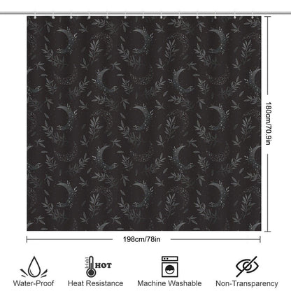 Celestial Shower Curtain, Crescent Moon Botanical Print, Dark Boho Bathroom Decor