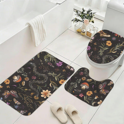Snake Butterfly Mushroom Bathroom Rug Set, Gothic Forest Nature Decor Mat Trio
