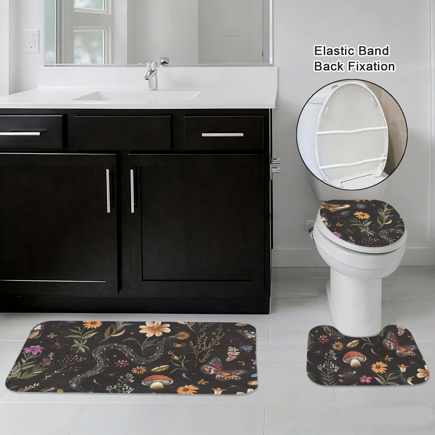 Snake Butterfly Mushroom Bathroom Rug Set, Gothic Forest Nature Decor Mat Trio