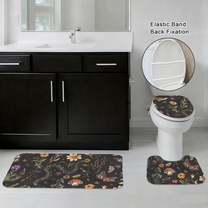Snake Butterfly Mushroom Bathroom Rug Set, Gothic Forest Nature Decor Mat Trio