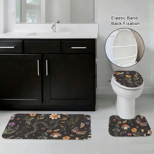 Snake Butterfly Mushroom Bathroom Rug Set, Gothic Forest Nature Decor Mat Trio