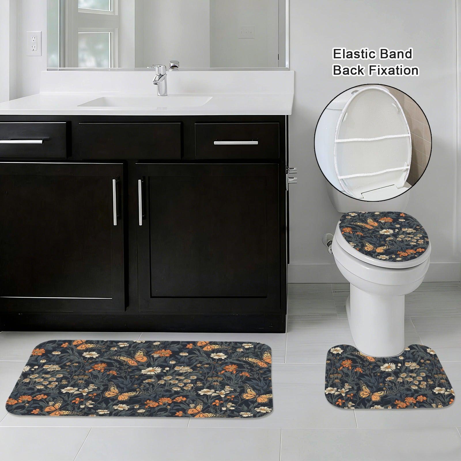 Butterfly Wildflower Bathroom Rug Set, Cottage Garden Bath Mat Bundle