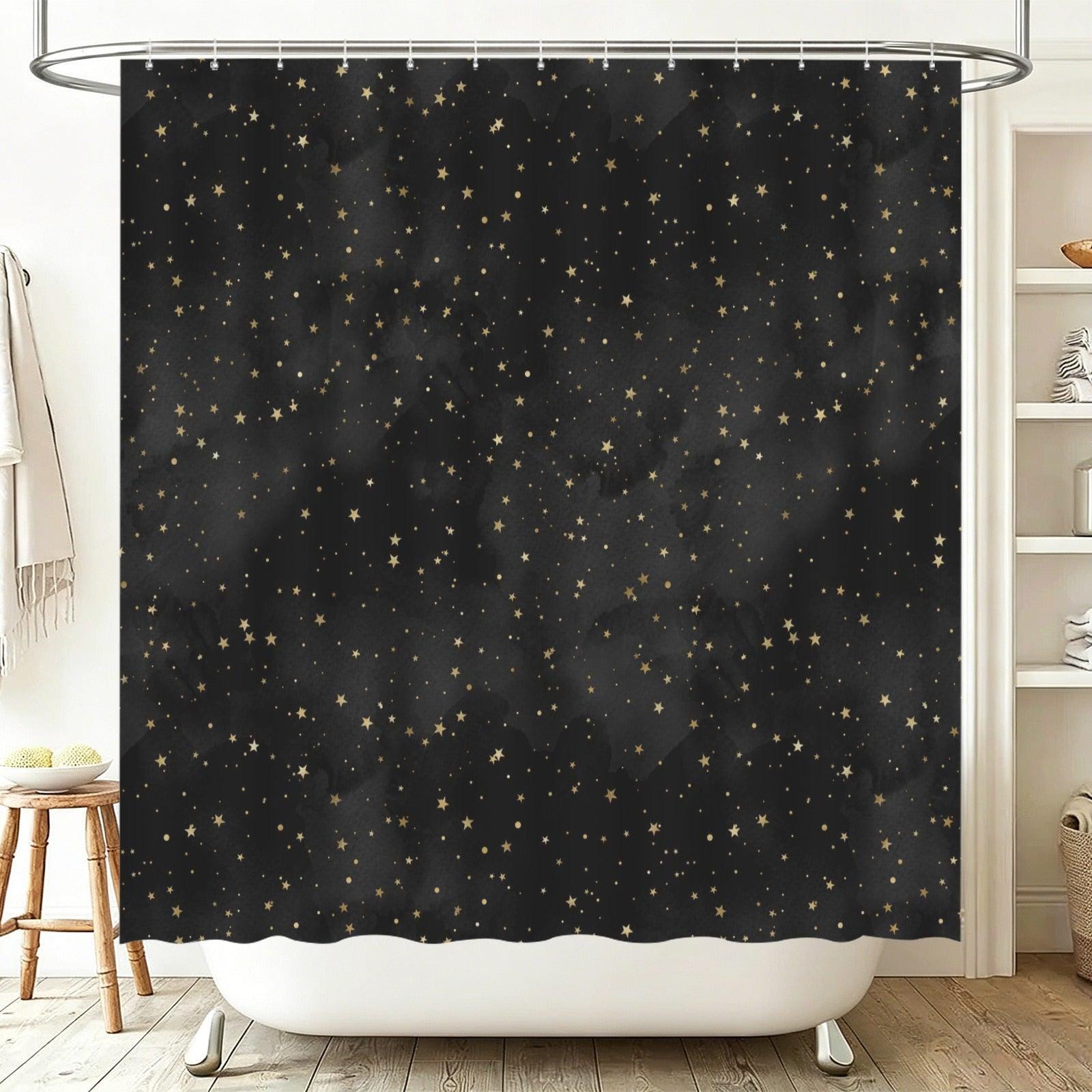 Black Gold Star Shower Curtain, Celestial Bathroom Decor, Moody Glam Bath Curtain