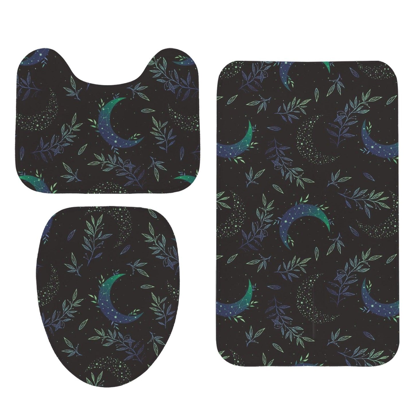 Celestial Moon Bathroom Rug Set, Botanical Night Sky Bath Mat, 3-Piece Lunar Toilet Decor