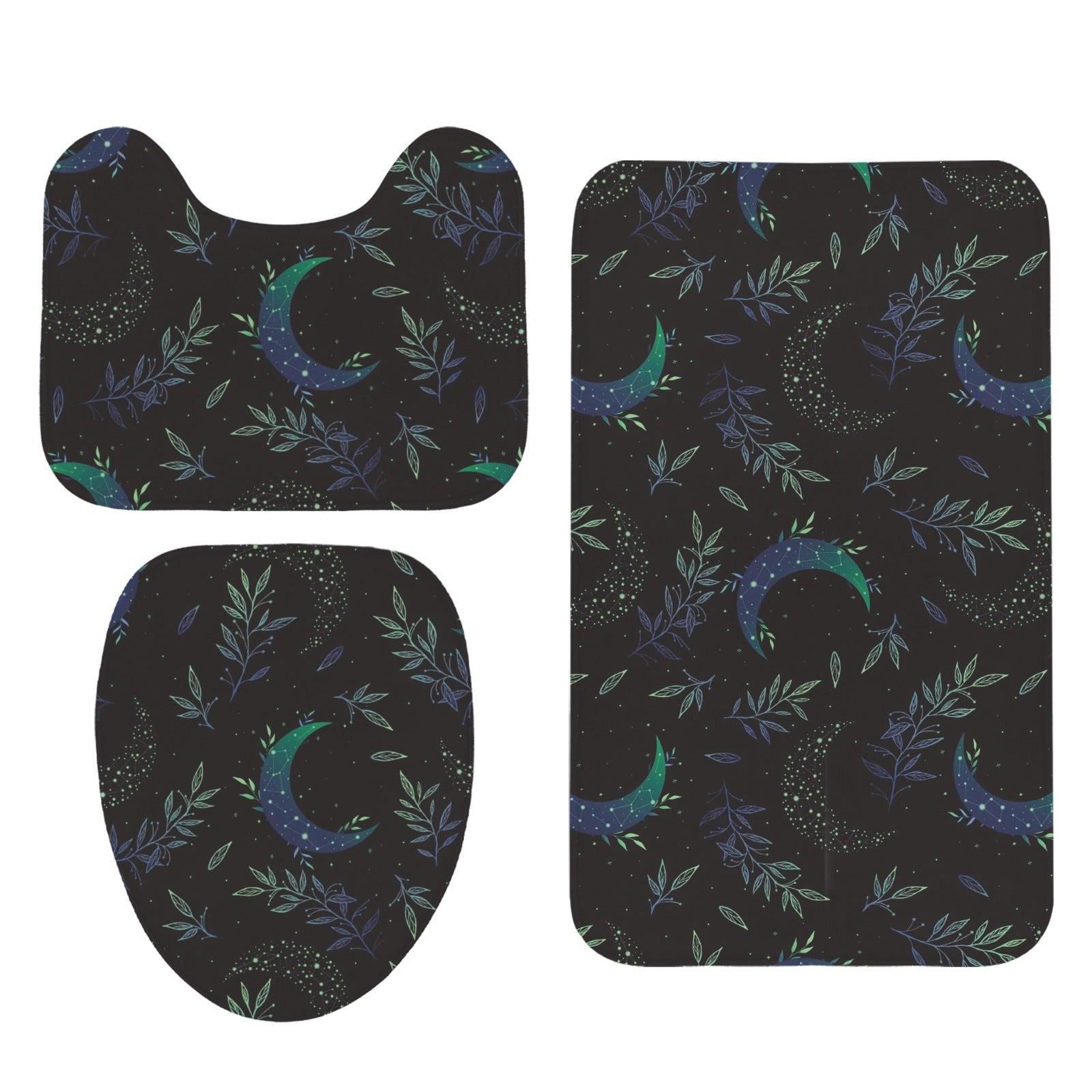 Celestial Moon Bathroom Rug Set, Botanical Night Sky Bath Mat, 3-Piece Lunar Toilet Decor