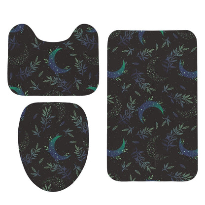 Celestial Moon Bathroom Rug Set, Botanical Night Sky Bath Mat, 3-Piece Lunar Toilet Decor