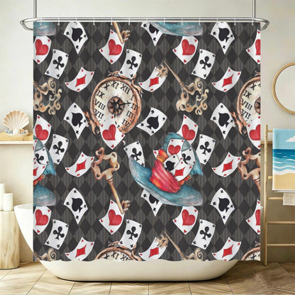 Playing Card Shower Curtain, Vintage Clock, Ornate Keys, Whimsical Storybook Bath Decor