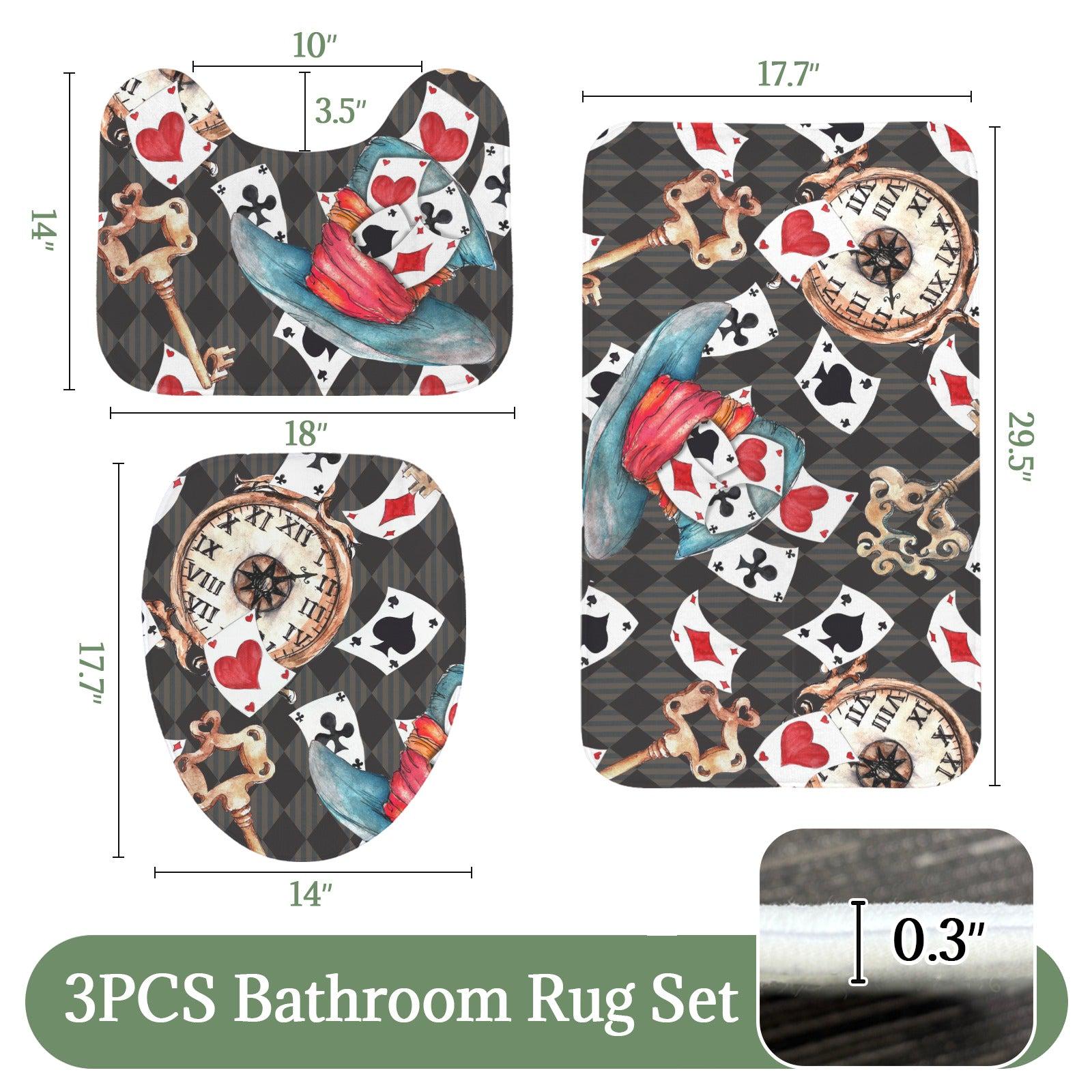 3 Piece Bathroom Rug Set, Playing Cards, Vintage Clock, Whimsical Maximalist Decor