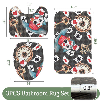 3 Piece Bathroom Rug Set, Playing Cards, Vintage Clock, Whimsical Maximalist Decor
