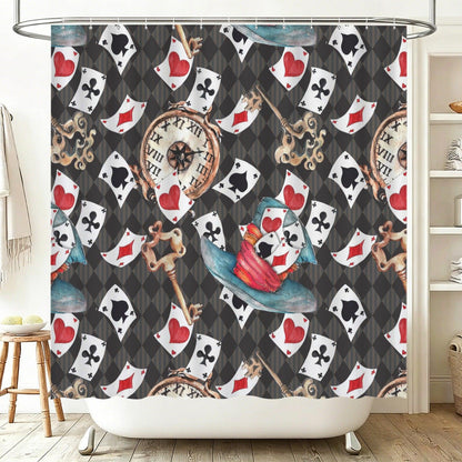 Playing Card Shower Curtain, Vintage Clock, Ornate Keys, Whimsical Storybook Bath Decor