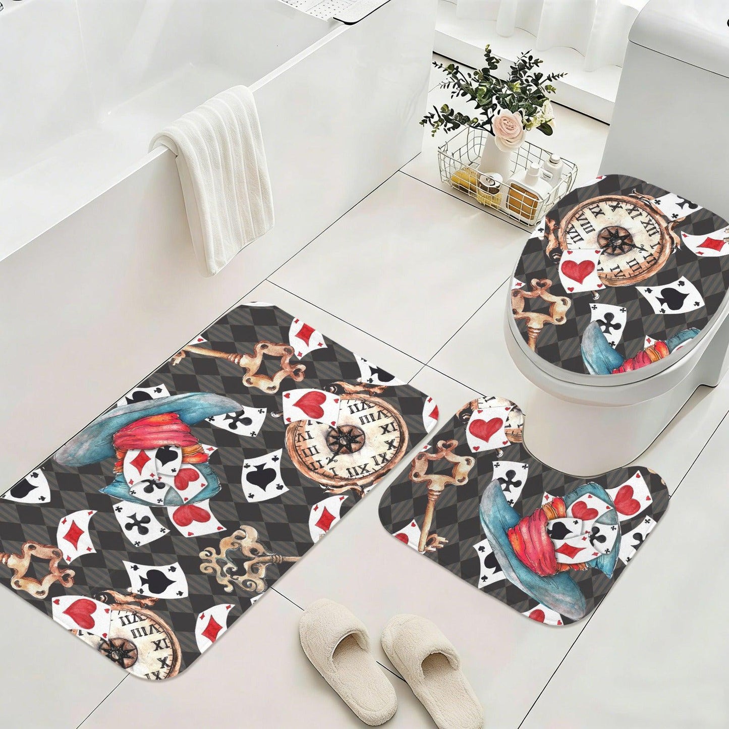 3 Piece Bathroom Rug Set, Playing Cards, Vintage Clock, Whimsical Maximalist Decor