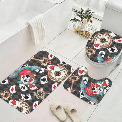 3 Piece Bathroom Rug Set, Playing Cards, Vintage Clock, Whimsical Maximalist Decor