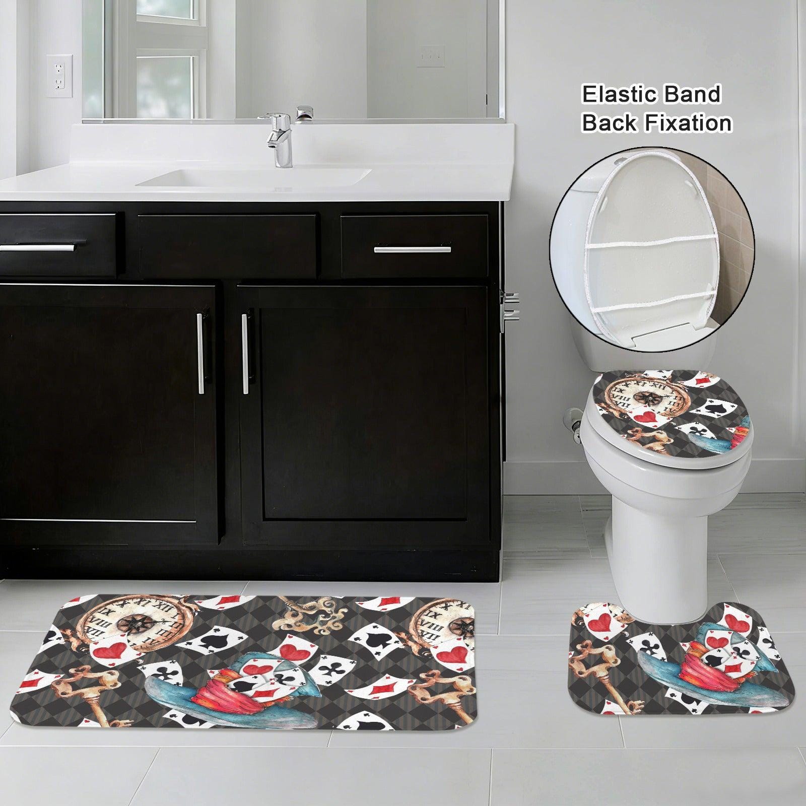 3 Piece Bathroom Rug Set, Playing Cards, Vintage Clock, Whimsical Maximalist Decor