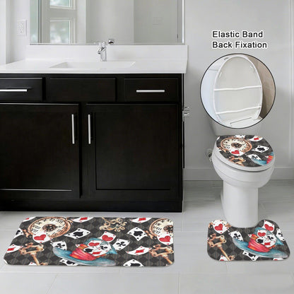 3 Piece Bathroom Rug Set, Playing Cards, Vintage Clock, Whimsical Maximalist Decor
