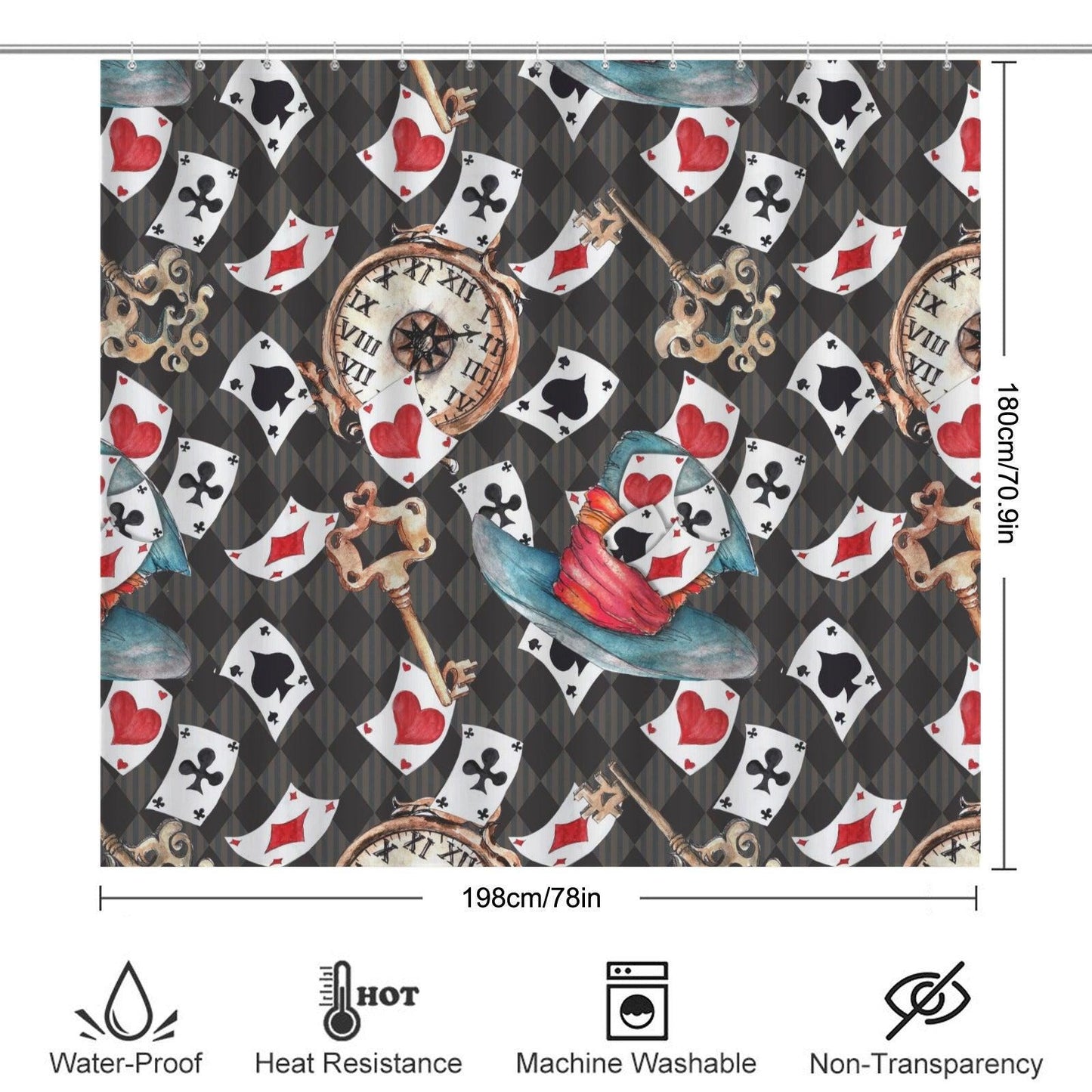 Playing Card Shower Curtain, Vintage Clock, Ornate Keys, Whimsical Storybook Bath Decor