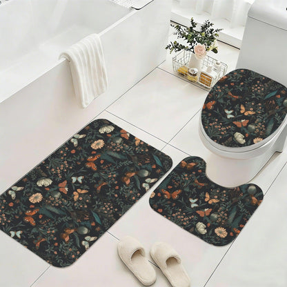 Dark Floral Butterfly Bathroom Rug Set, Moody Botanical Trio Mat Decor