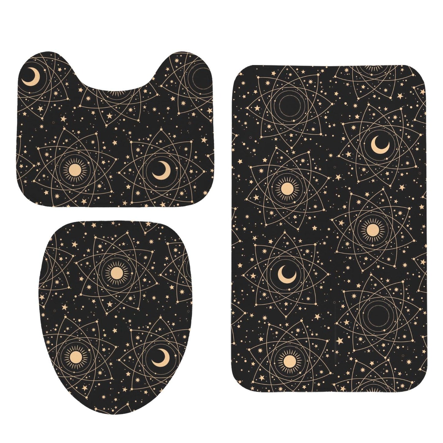 Celestial Sun Moon 3 Piece Bathroom Rug Set, Black Gold Boho Decor
