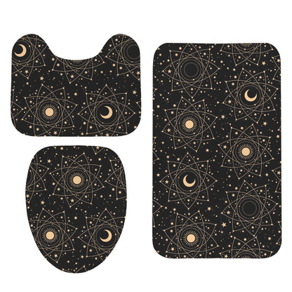 Celestial Sun Moon 3 Piece Bathroom Rug Set, Black Gold Boho Decor
