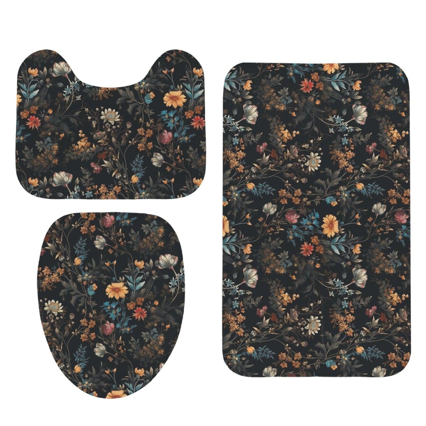 Vintage Floral Bathroom Rug Set, Moody Wildflower Bath Mats, Dark Botanical Toilet Cover