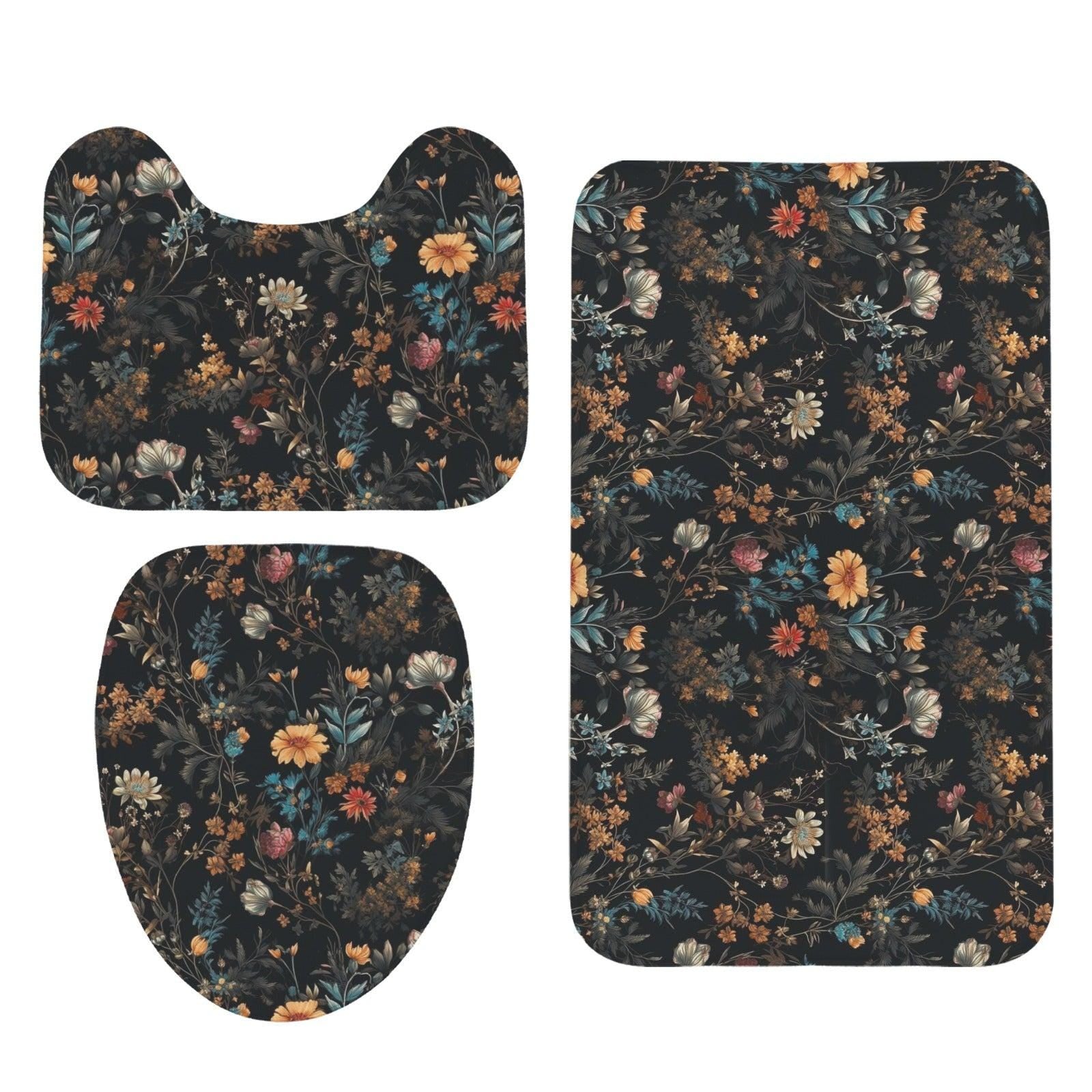 Vintage Floral Bathroom Rug Set, Moody Wildflower Bath Mats, Dark Botanical Toilet Cover