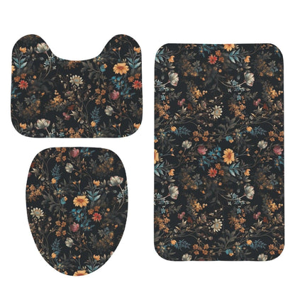 Vintage Floral Bathroom Rug Set, Moody Wildflower Bath Mats, Dark Botanical Toilet Cover