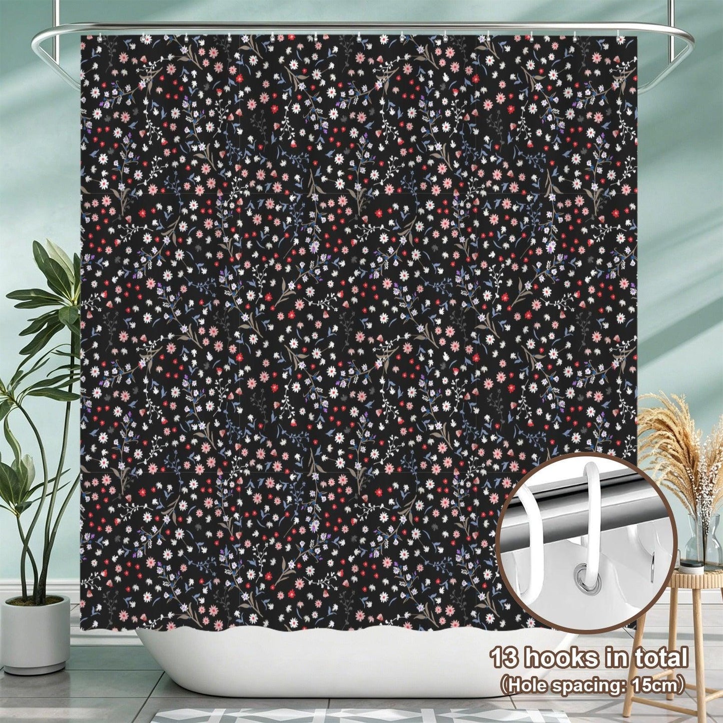 Black Ditsy Floral Shower Curtain, Moody Wildflower Bathroom Decor, Romantic Cottage Guest Bath Accent