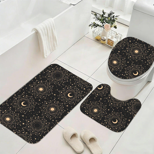 Celestial Sun Moon 3 Piece Bathroom Rug Set, Black Gold Boho Decor